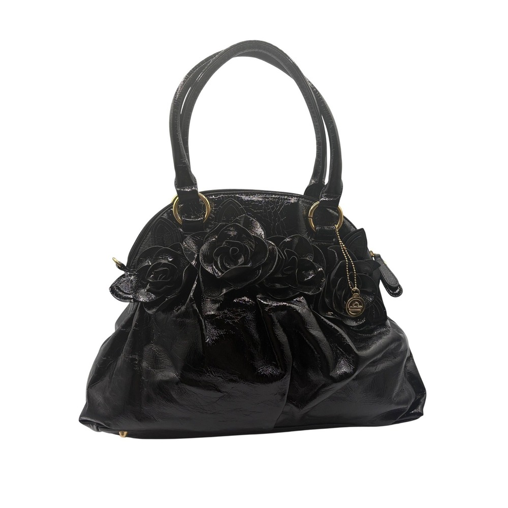 Big Buddha Satchel Bag Womens Medium Black Excellent Patent Rose Floral Dome